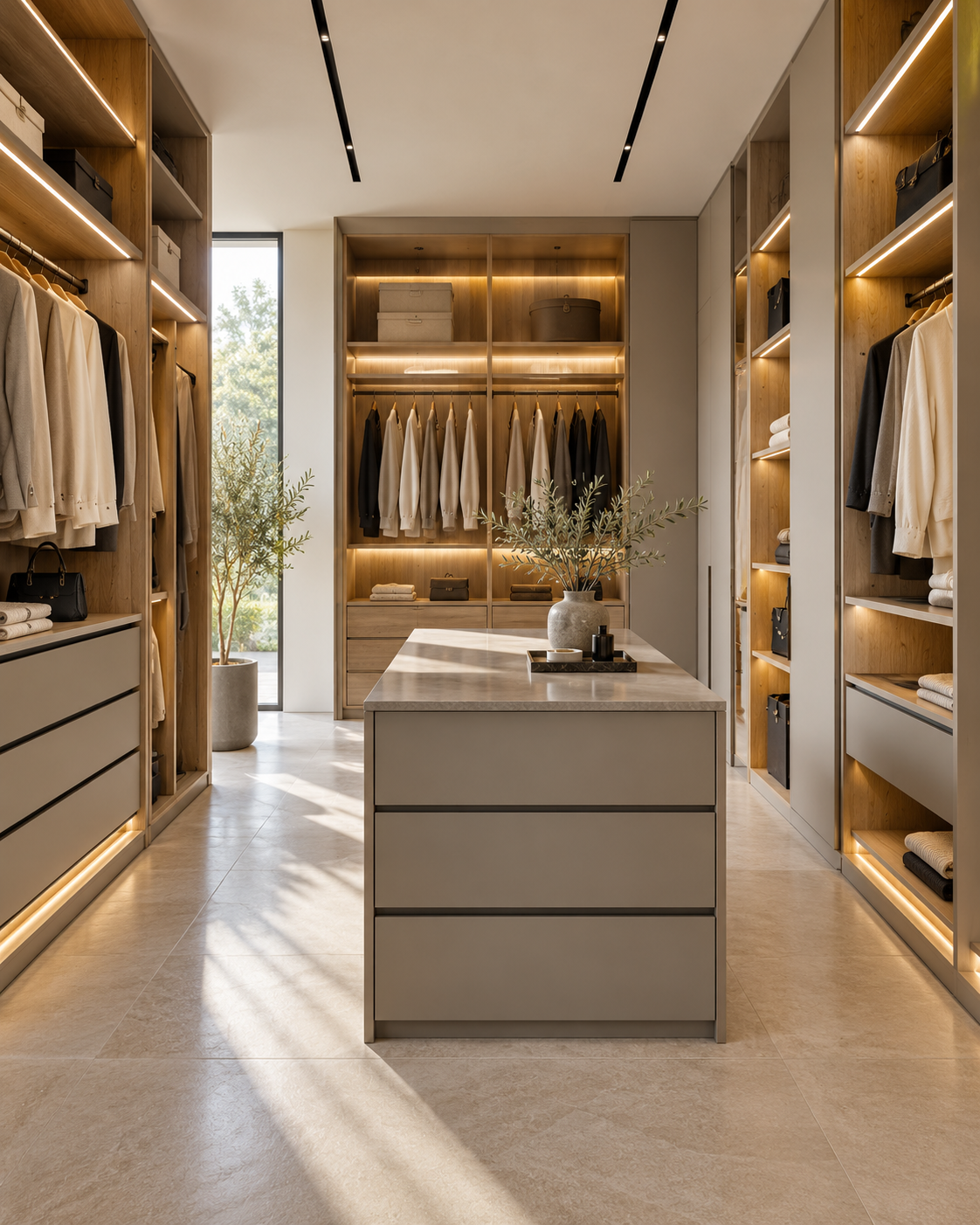 Inspiración de vestidor con iluminación integrada en tonos cálidos