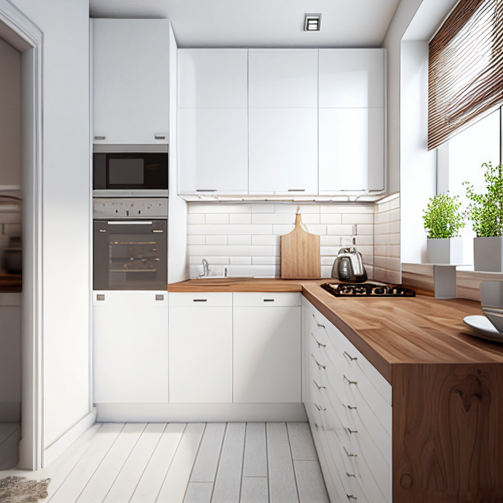 белая кухня в современном стиле с деревянной столешницей